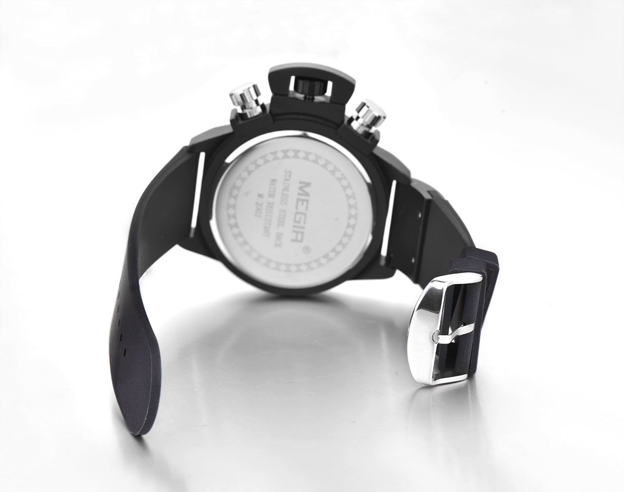 MEGIR Black Silicone Quartz Watch Luxury Sport Military Wrist Watches Men Waterproof Clock Chronograph Large Dial Montre Homme 2002