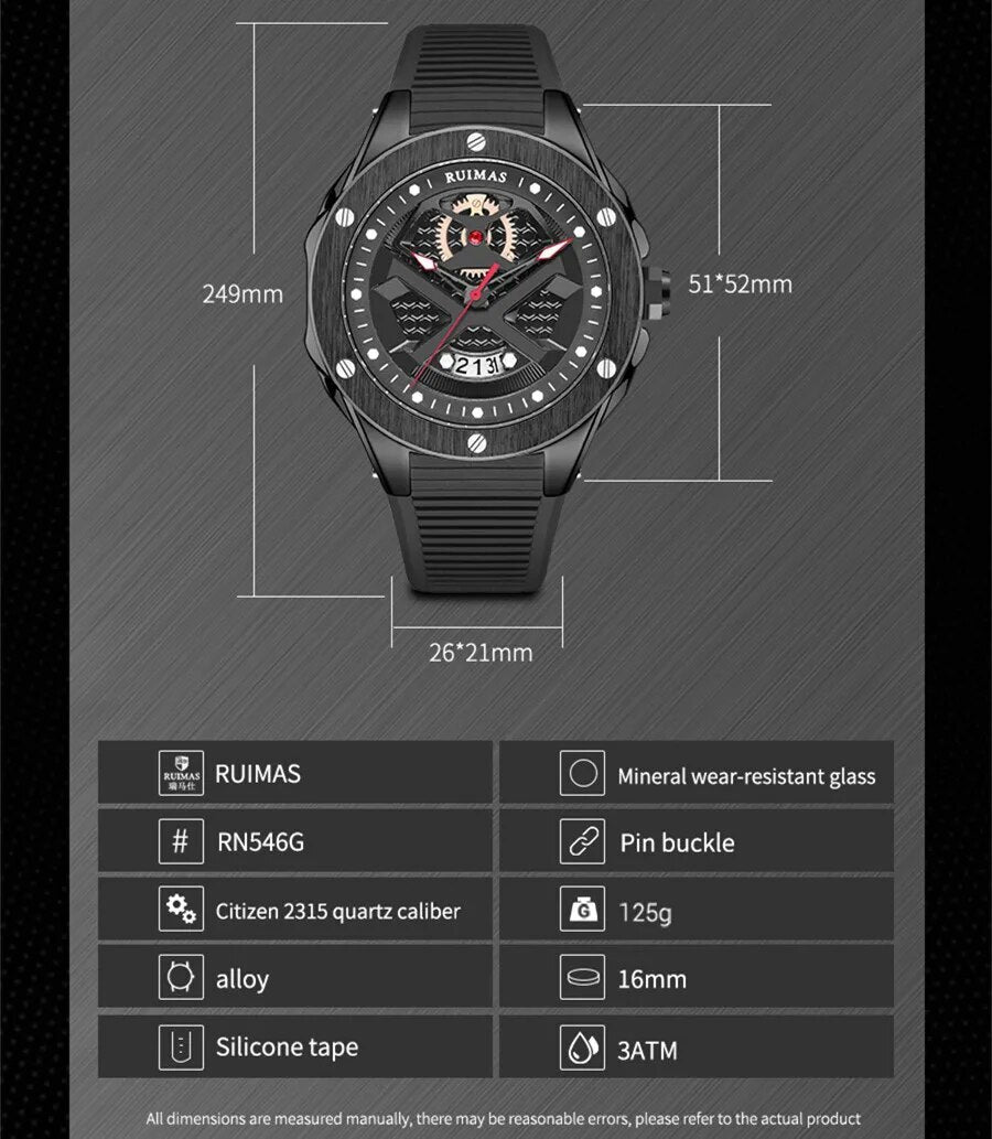 RUIMAS Brand Fashion Sport Watches for Men Quartz Silicone Band Wrist Watch Date Waterproof Wristwatches Clock Relogio Masculino
