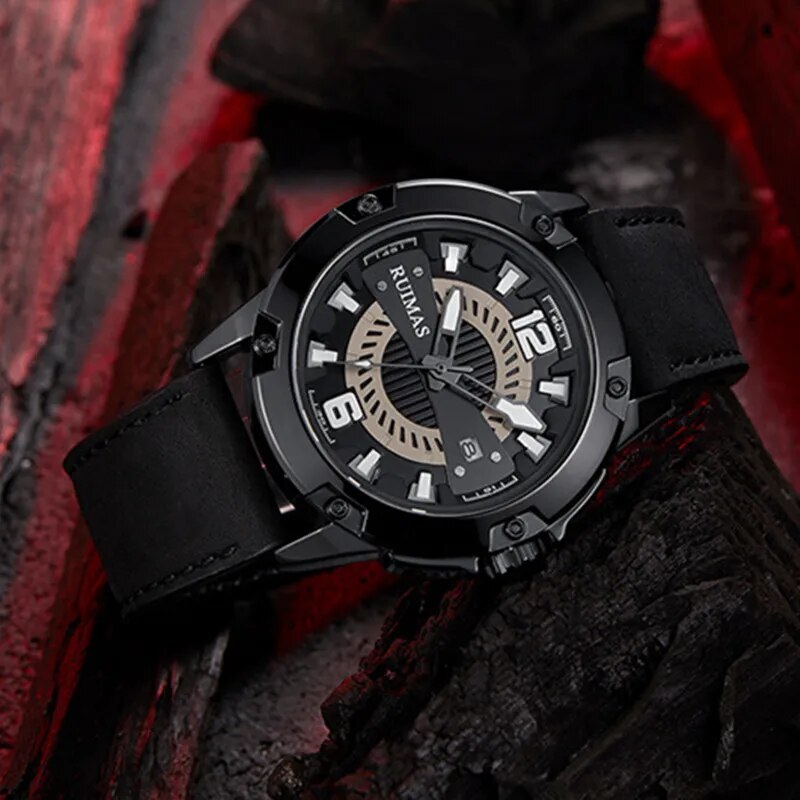 RUIMAS Luxury Men Watches Leather Strap Sport Casual Wristwatches Waterproof Luminous Date Clock Big Dial Montre Homme