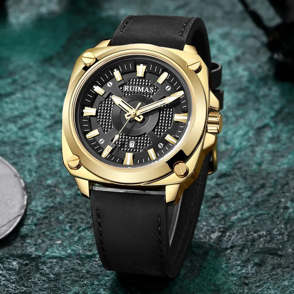 RUIMAS Top Brand Fashion Sports Quartz Wrist Watches for Men Waterproof Luminous Leather Band Relogio Masculino with Auto Date