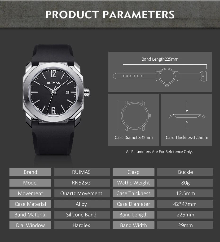RUIMAS Luxury Silicone Band Quartz Sport Watches for Men Waterproof Calendar Casual Large Dial Wristwatch Clock Montre Homme