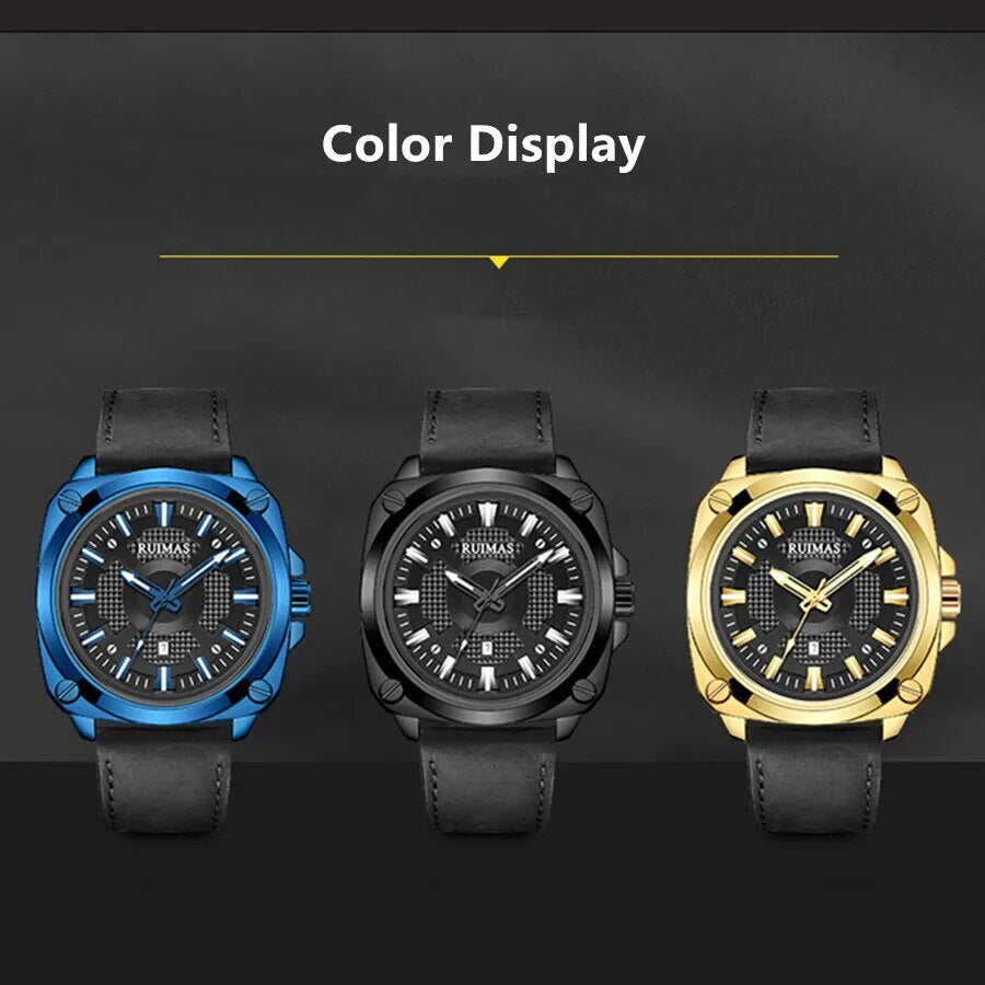 RUIMAS Top Brand Fashion Sports Quartz Wrist Watches for Men Waterproof Luminous Leather Band Relogio Masculino with Auto Date