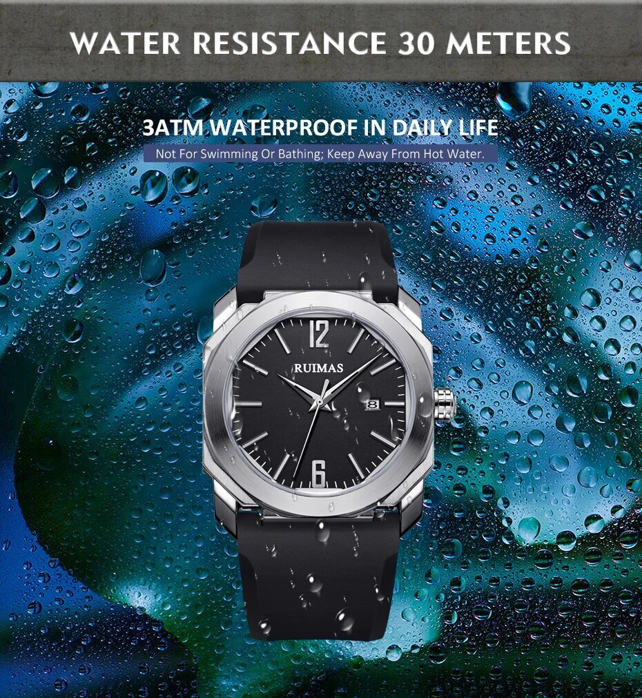 RUIMAS Luxury Silicone Band Quartz Sport Watches for Men Waterproof Calendar Casual Large Dial Wristwatch Clock Montre Homme