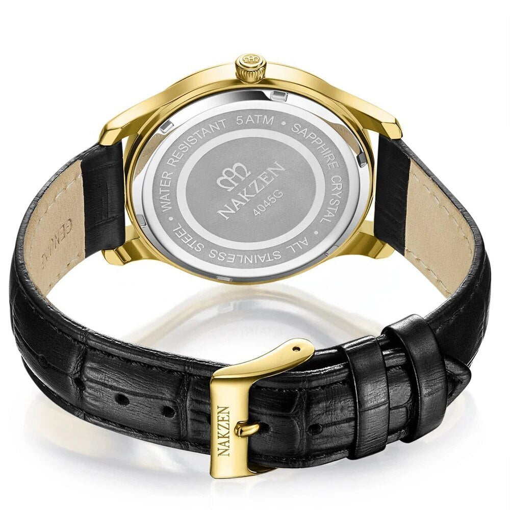 NAKZEN Luxury Brand Men Quartz Watch Genuine Leather Strap Man Wrist Watches High Quality Business Watch Male Clock Reloj Hombre
