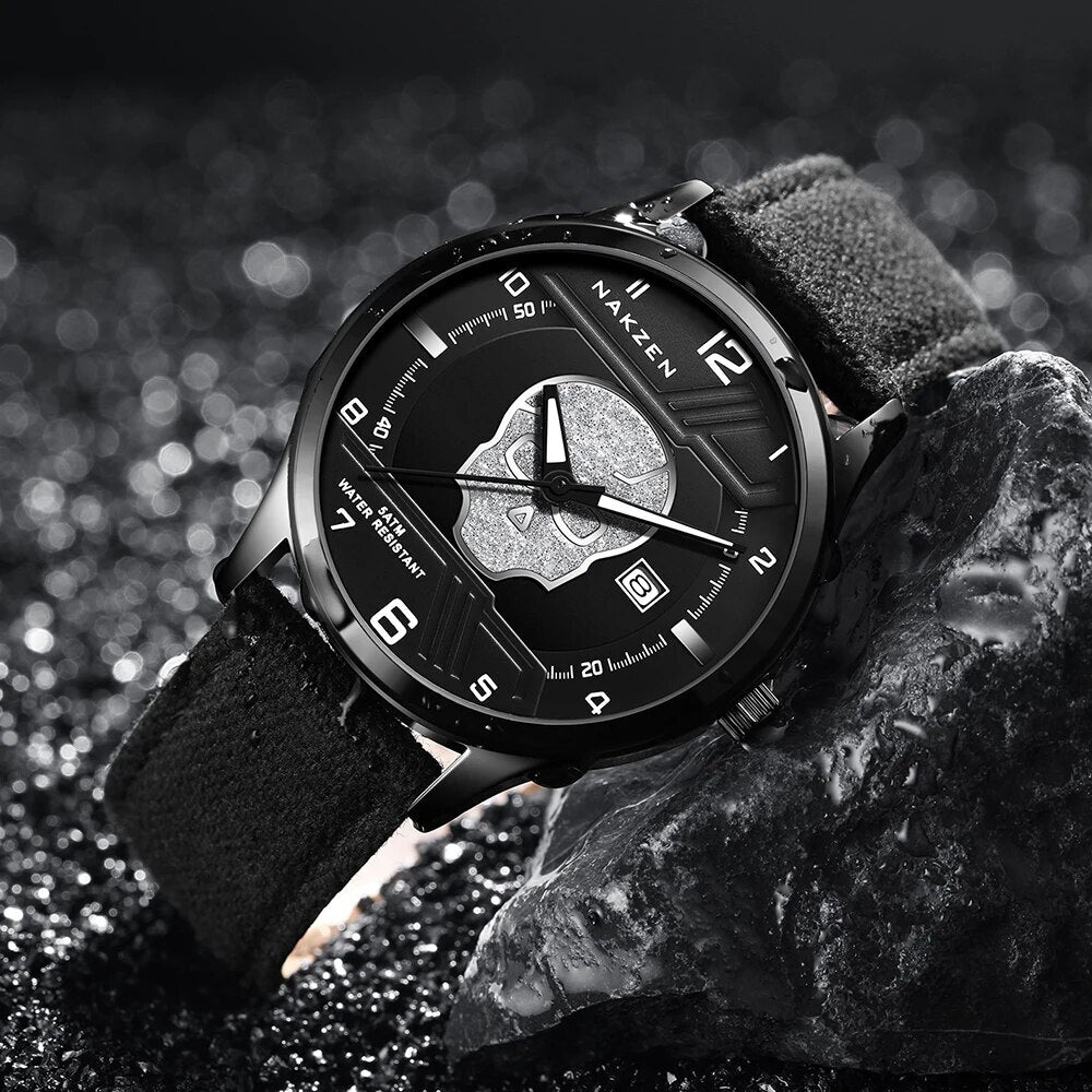 NAKZEN 2019 New Mens Watches Top Brand Luxury Fashion Skull Quartz Watch Waterproof Leather strap Luminous relogio masculino