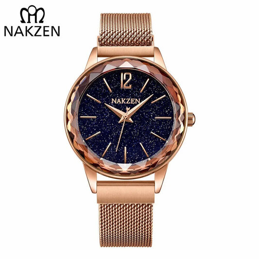 NAKZEN Rose Gold Women Watches Minimalism Starry sky Magnet Buckle Fashion Wristwatch Waterproof Roman Numeral reloj mujer
