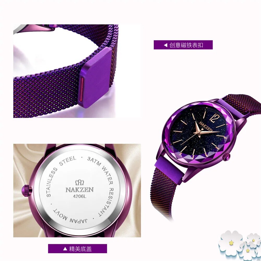 NAKZEN Rose Gold Women Watches Minimalism Starry sky Magnet Buckle Fashion Wristwatch Waterproof Roman Numeral reloj mujer