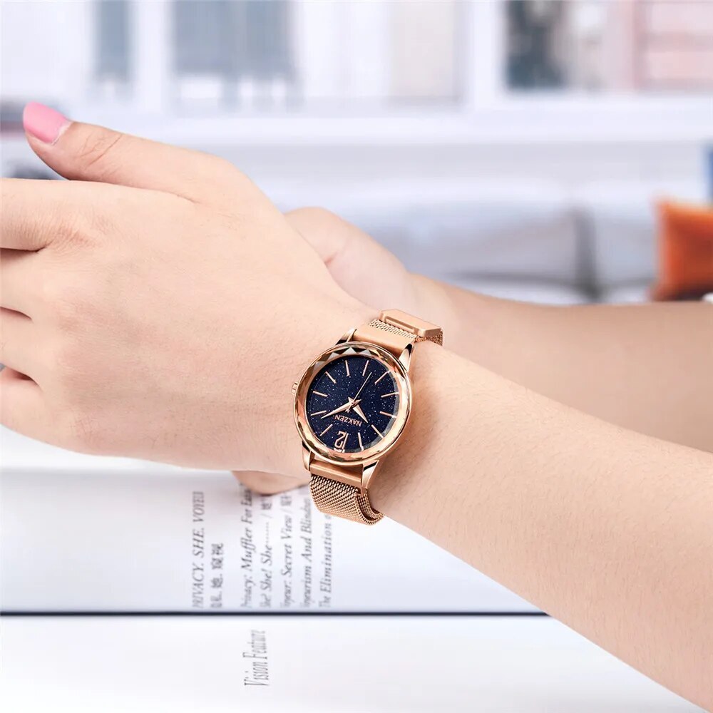 NAKZEN Rose Gold Women Watches Minimalism Starry sky Magnet Buckle Fashion Wristwatch Waterproof Roman Numeral reloj mujer