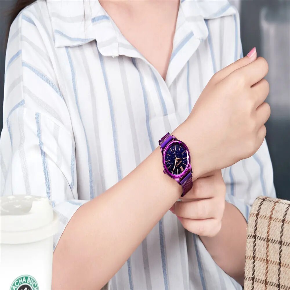 NAKZEN Rose Gold Women Watches Minimalism Starry sky Magnet Buckle Fashion Wristwatch Waterproof Roman Numeral reloj mujer
