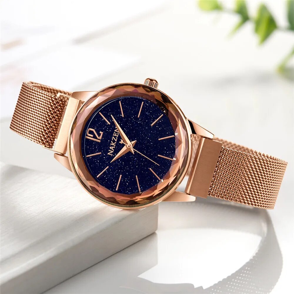 NAKZEN Rose Gold Women Watches Minimalism Starry sky Magnet Buckle Fashion Wristwatch Waterproof Roman Numeral reloj mujer