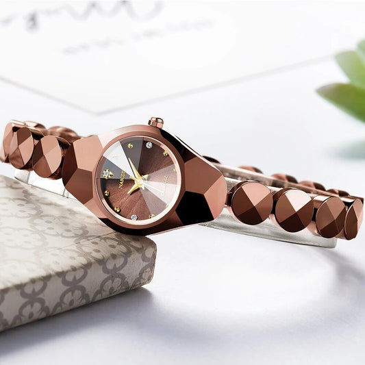 NAKZEN Fashion Women Quartz Waterproof Analog Wrist Watch with Tungsten steel Case and Diamond Simple Ladies Dress Watches