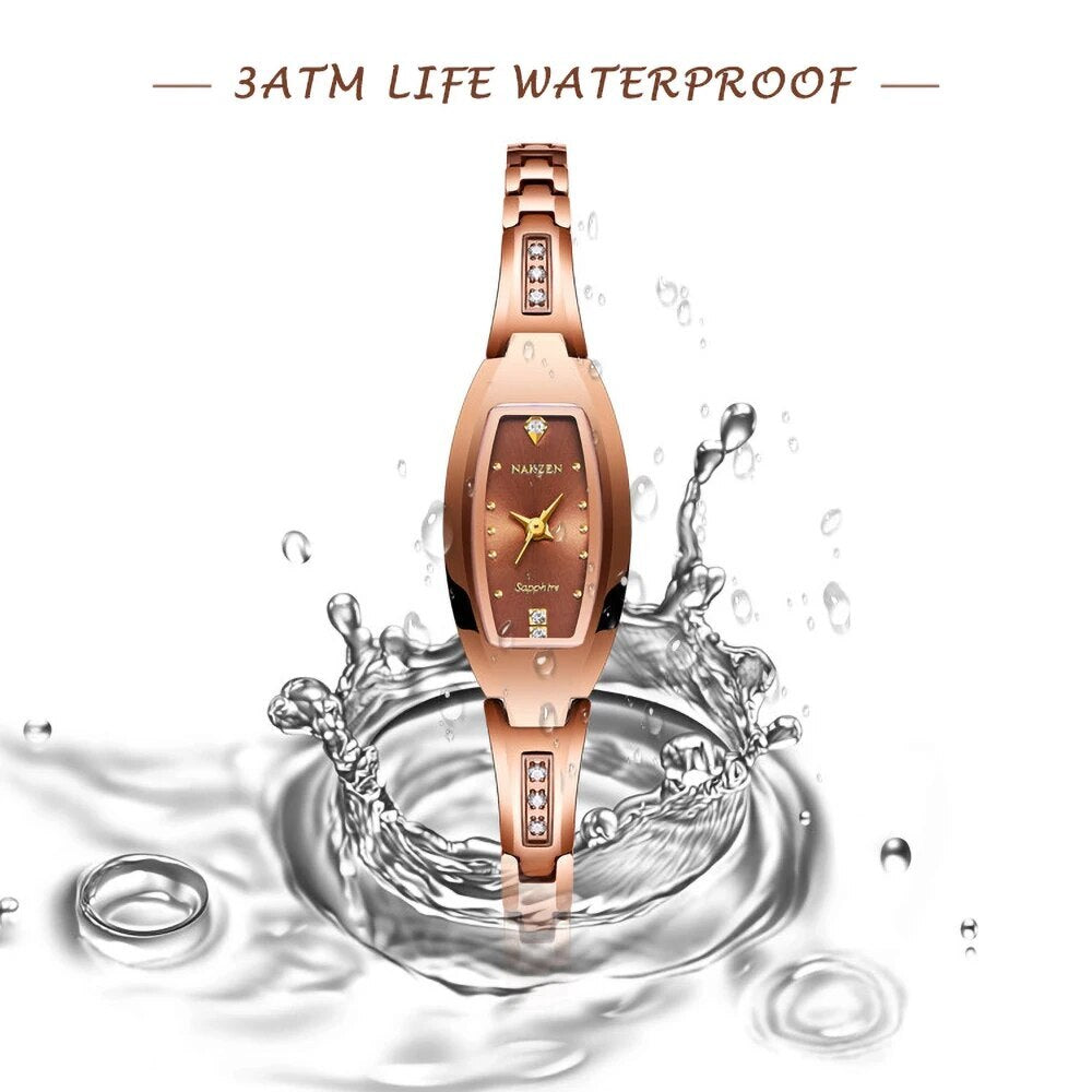 NAKZEN Fashion Women Quartz Waterproof Analog Wrist Watch with Tungsten steel Case and Diamond Simple Ladies Dress Watches