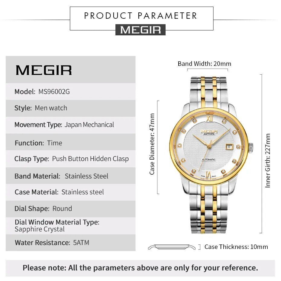 MEGIR Men Watches Stainless Steel Bracelet Sapphire Automatic Mechanical Watch Luxury Business Wristwatches Clock Reloj Hombre