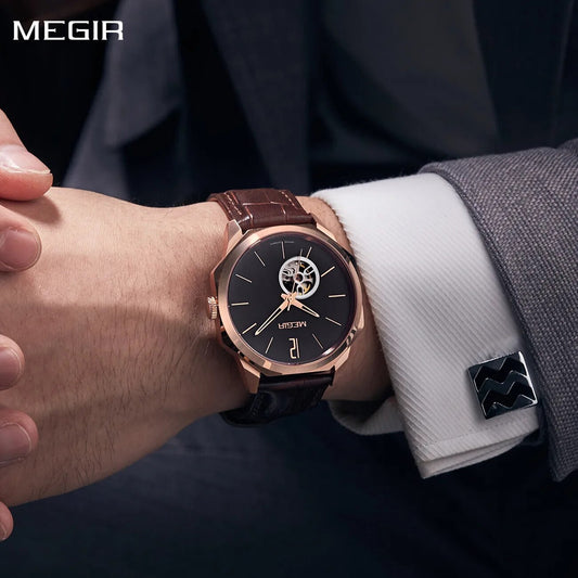 MEGIR Retro Men's Wristwatch Luxury Automatic Mechanical Watches Leather Strap Sapphire 5ATM Waterproof Watch Relogio Masculino