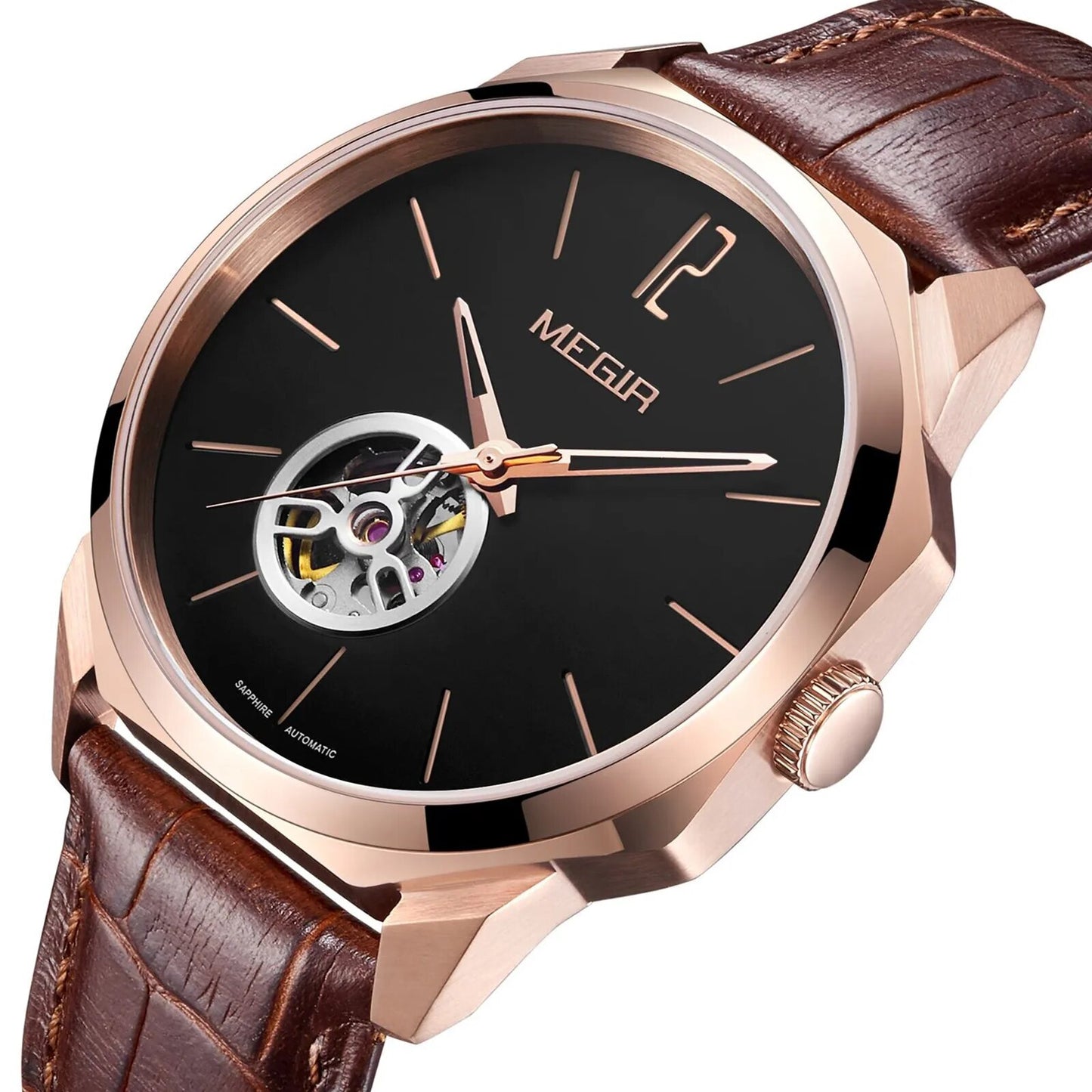MEGIR Retro Men's Wristwatch Luxury Automatic Mechanical Watches Leather Strap Sapphire 5ATM Waterproof Watch Relogio Masculino