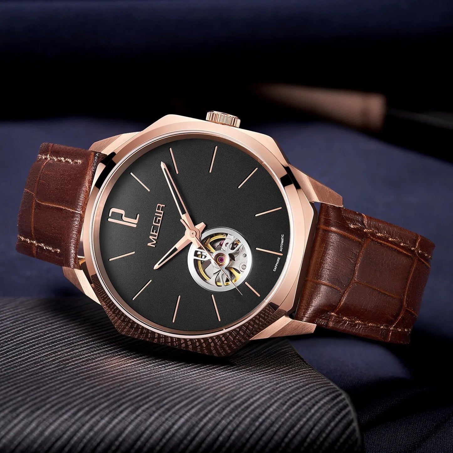 MEGIR Retro Men's Wristwatch Luxury Automatic Mechanical Watches Leather Strap Sapphire 5ATM Waterproof Watch Relogio Masculino