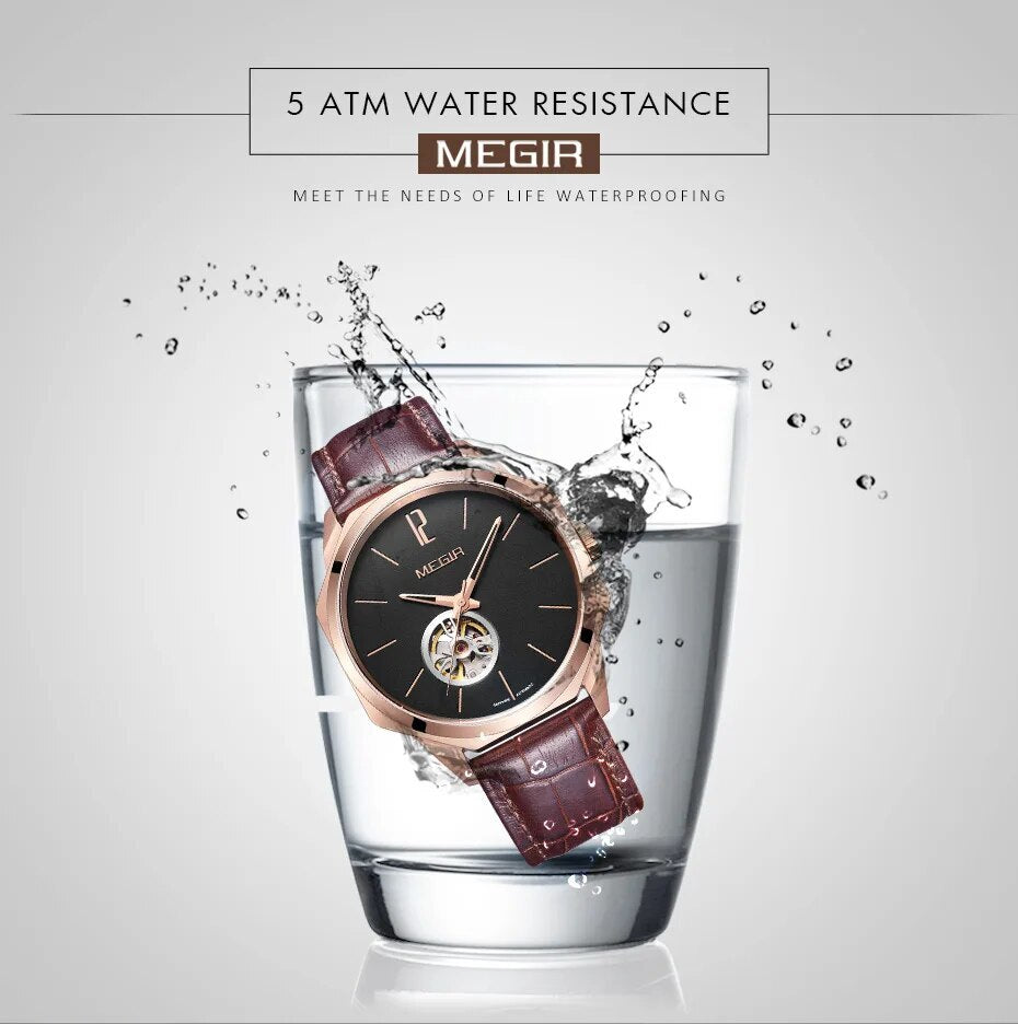 MEGIR Retro Men's Wristwatch Luxury Automatic Mechanical Watches Leather Strap Sapphire 5ATM Waterproof Watch Relogio Masculino