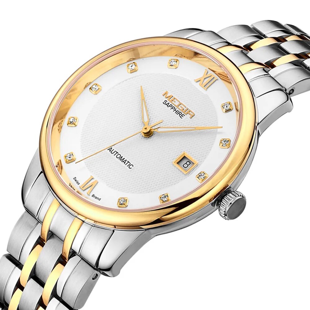 MEGIR Men Watches Stainless Steel Bracelet Sapphire Automatic Mechanical Watch Luxury Business Wristwatches Clock Reloj Hombre