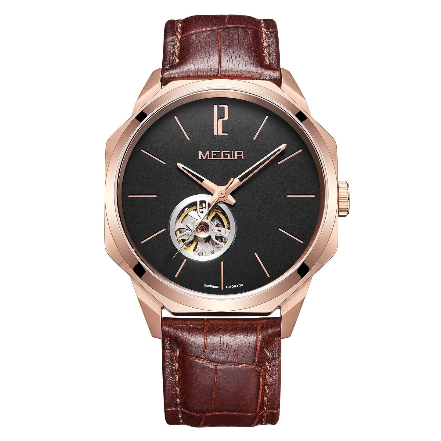 MEGIR Retro Men's Wristwatch Luxury Automatic Mechanical Watches Leather Strap Sapphire 5ATM Waterproof Watch Relogio Masculino