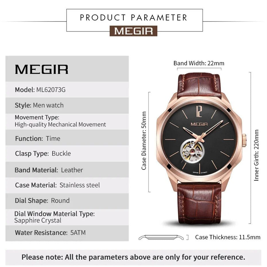 MEGIR Retro Men's Wristwatch Luxury Automatic Mechanical Watches Leather Strap Sapphire 5ATM Waterproof Watch Relogio Masculino