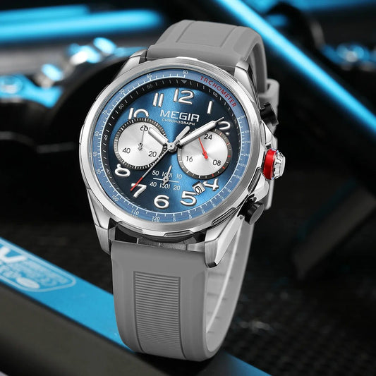 MEGIR New Men Watches Luxury Quartz Wristwatch Gray Waterproof Military Sports Chronograph Silicone Strap Clock Montre Homme