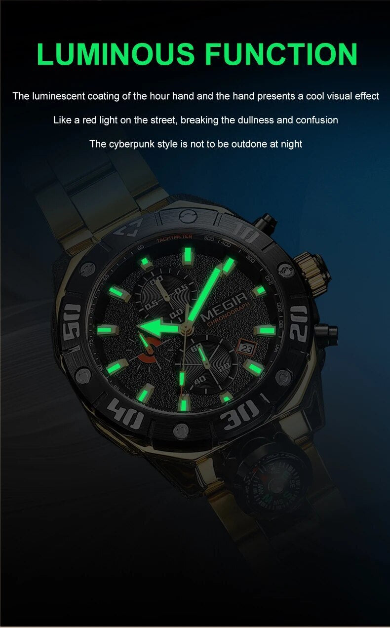 MEGIR Watch Top Brand Luxury Business Quartz Watches Chronograph Stainless Steel Calendar Luminous Clock WristWatch Montre Homme