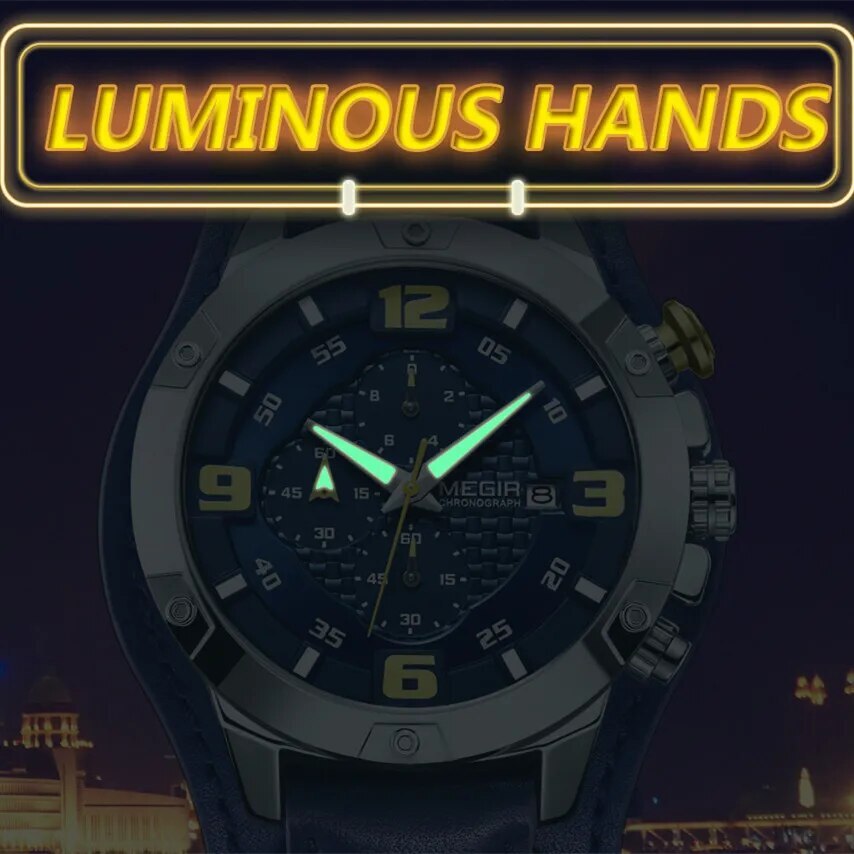MEGIR Large Dial Watches for Men Luxury Brand Sports Chronograph Clock Waterproof Luminous Hands Quartz Wristwatch Reloj Hombre