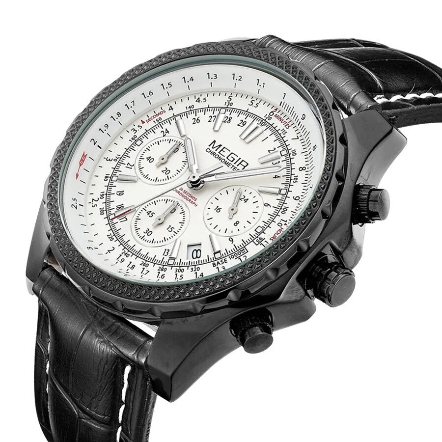 MEGIR Luxury Quartz Wristwatches Fashion Casual Leather Strap Men Sports Watch Large Dial Chronograph Date Clock Montre Homme