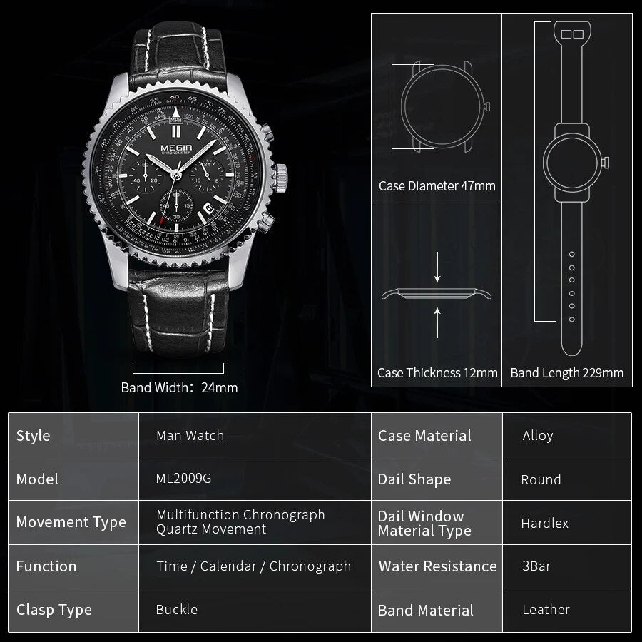 MEGIR Fashion Leather Strap Quartz Watches Waterproof Luminous Men Casual Sport Wristwatch Date Clock Chronograph Reloj Hombre