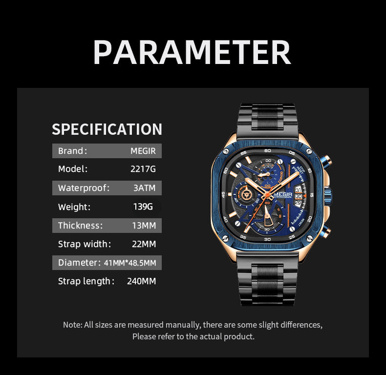 MEGIR Luxury Mens Stainless Steel Watches Fashion Brand Business Quartz Wristwatch Date Luminous Man Chronograph Casual Clock