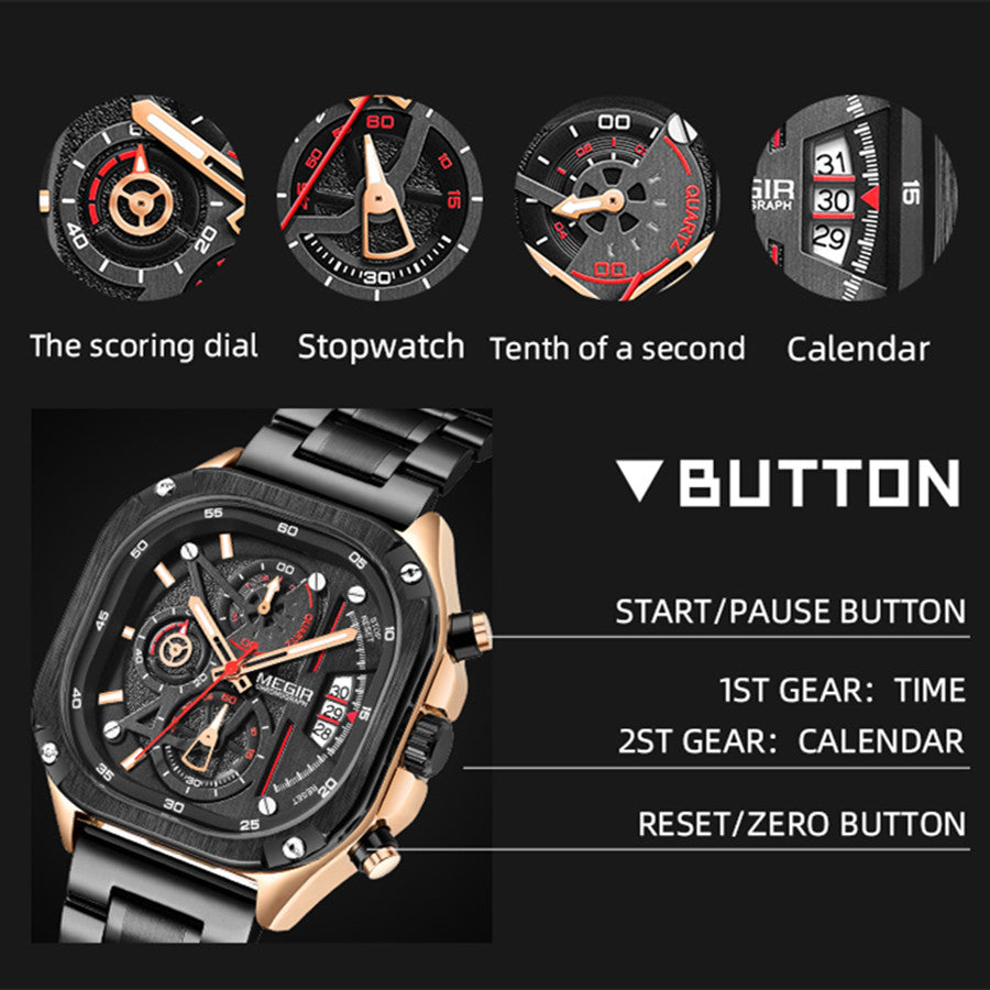 MEGIR Luxury Mens Stainless Steel Watches Fashion Brand Business Quartz Wristwatch Date Luminous Man Chronograph Casual Clock