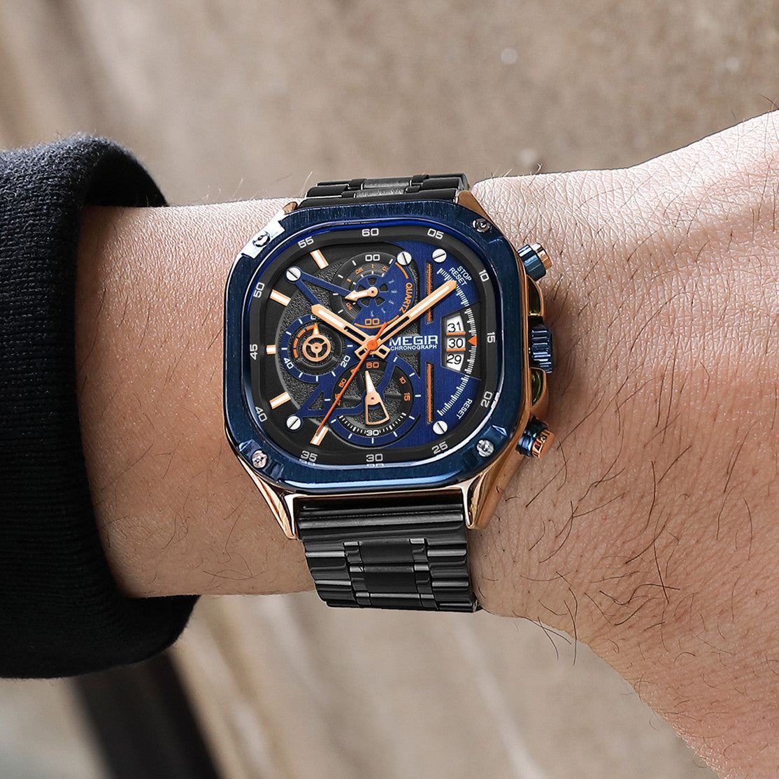 MEGIR Luxury Mens Stainless Steel Watches Fashion Brand Business Quartz Wristwatch Date Luminous Man Chronograph Casual Clock