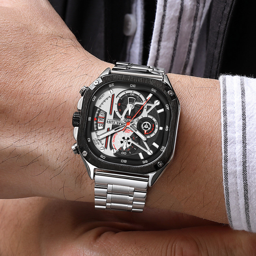 MEGIR Luxury Mens Stainless Steel Watches Fashion Brand Business Quartz Wristwatch Date Luminous Man Chronograph Casual Clock