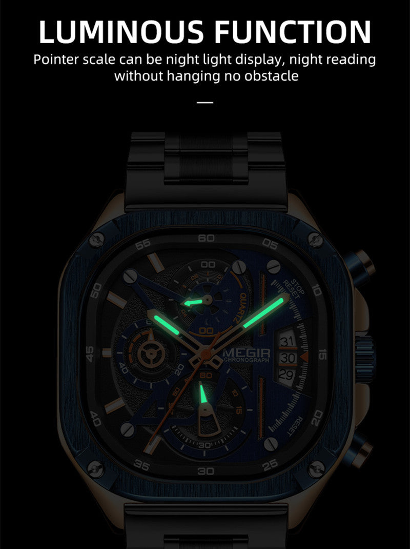 MEGIR Luxury Mens Stainless Steel Watches Fashion Brand Business Quartz Wristwatch Date Luminous Man Chronograph Casual Clock