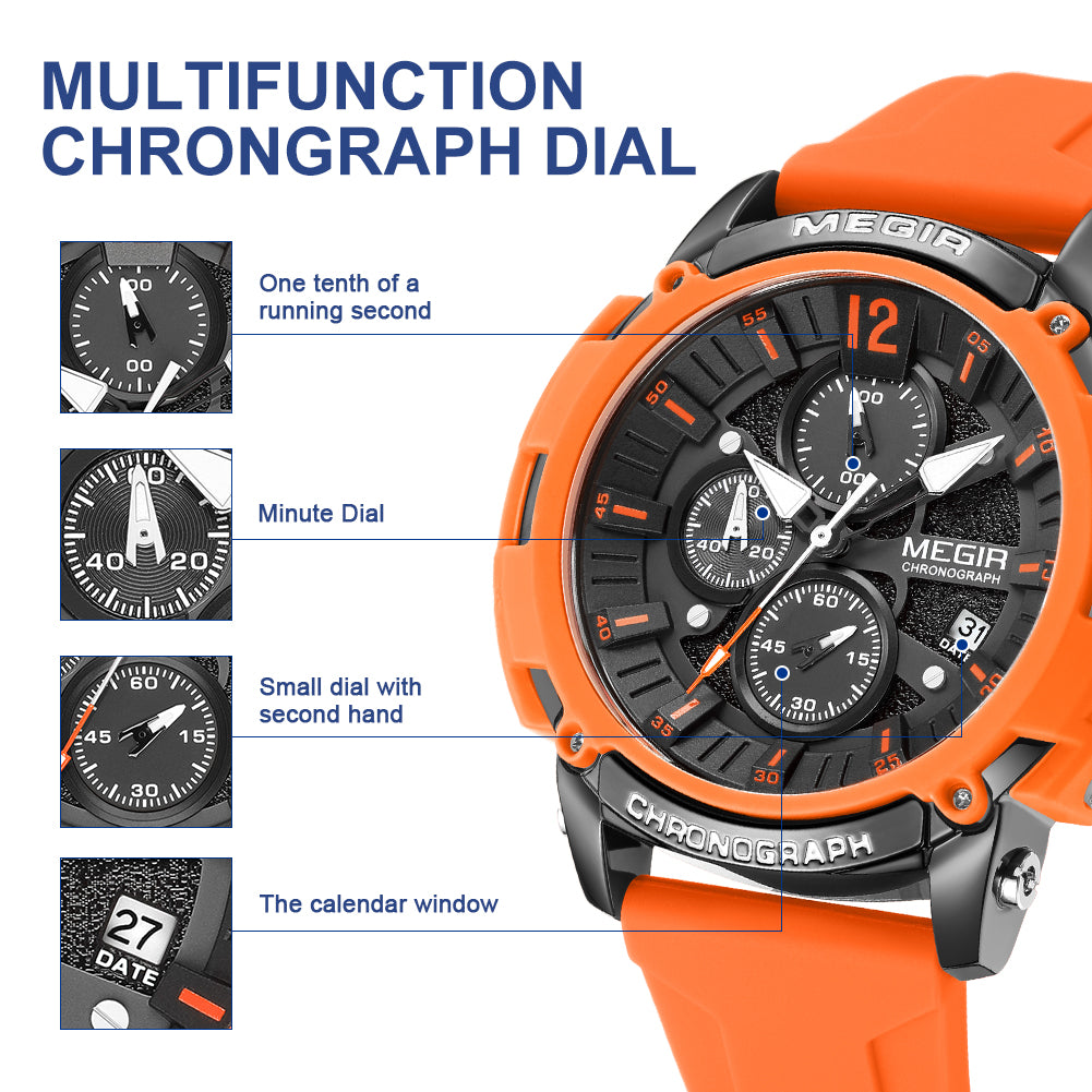 MEGIR Fashion Military Watch for Men Top Luxury Sport Quartz Chronograph Waterproof Male Clock Wristwatch Silicone Reloj Hombre