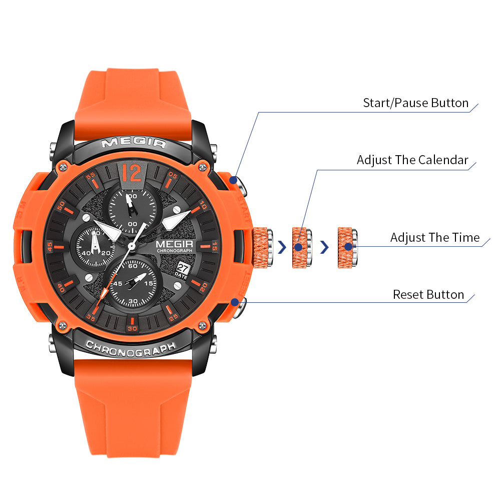 MEGIR Fashion Military Watch for Men Top Luxury Sport Quartz Chronograph Waterproof Male Clock Wristwatch Silicone Reloj Hombre