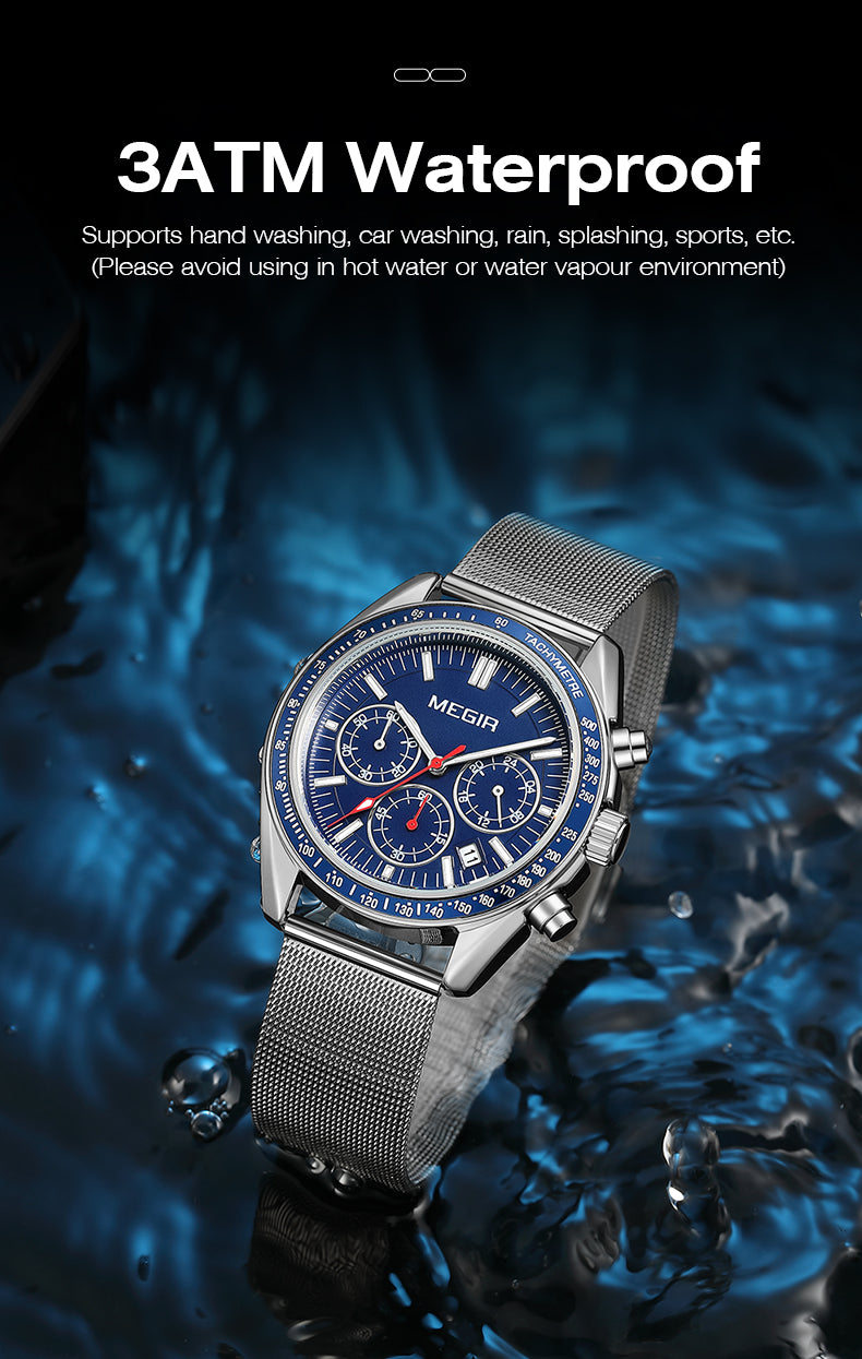 MEGIR Business Men Watch Stainless Steel Mesh Belt Quartz Watches Luxury Fashion Man Wristwatch Calendar Clock Reloj Hombre 8105