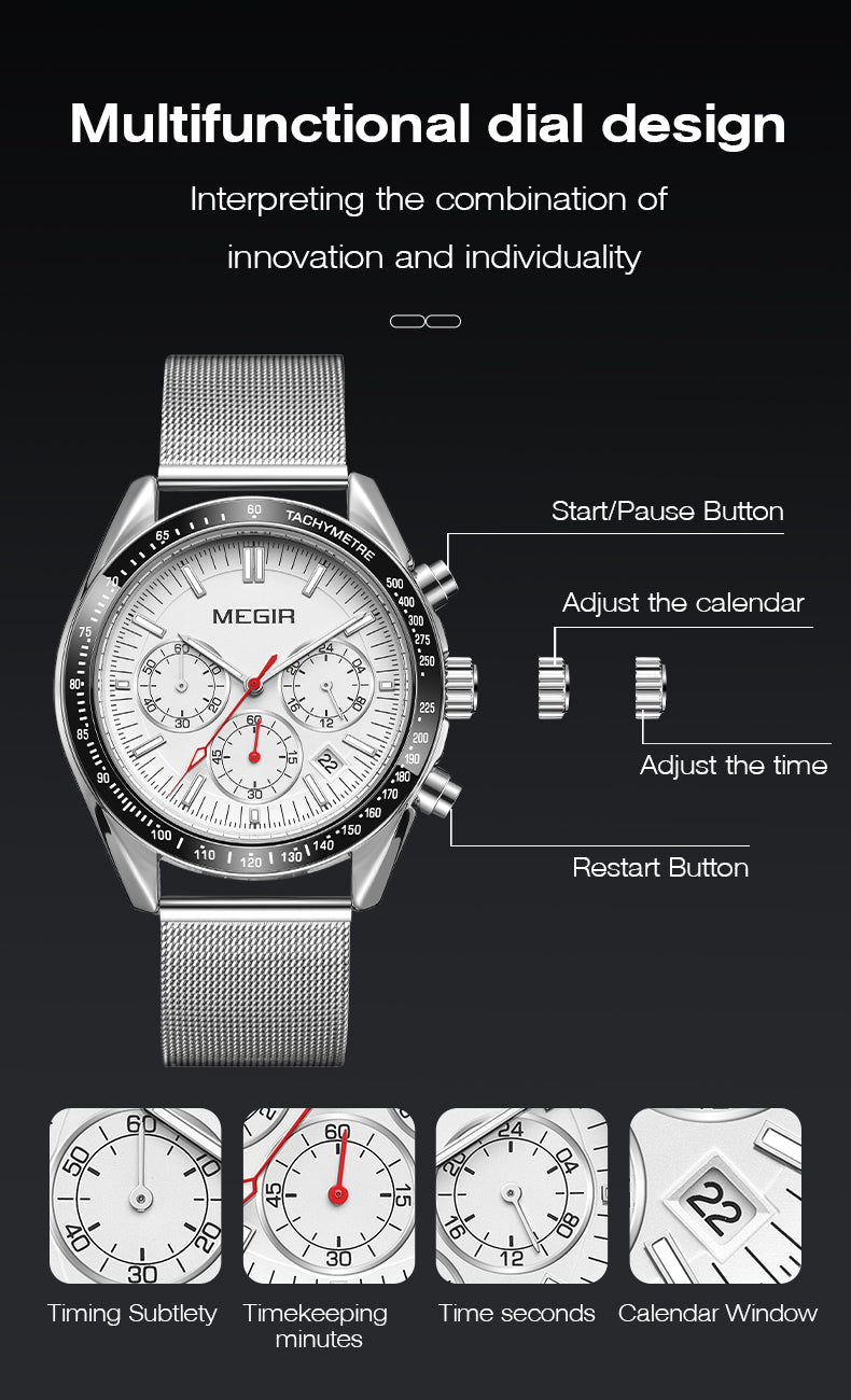 MEGIR Business Men Watch Stainless Steel Mesh Belt Quartz Watches Luxury Fashion Man Wristwatch Calendar Clock Reloj Hombre 8105