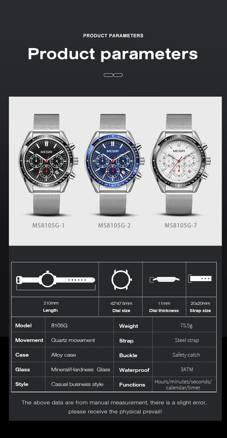 MEGIR Business Men Watch Stainless Steel Mesh Belt Quartz Watches Luxury Fashion Man Wristwatch Calendar Clock Reloj Hombre 8105