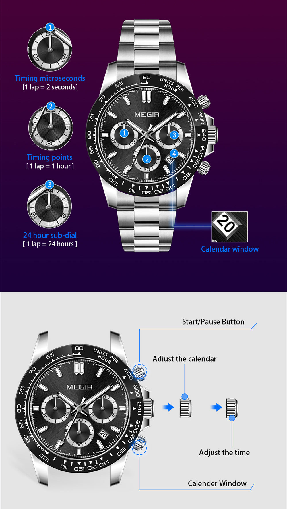 MEGIR Fashion Men Business Watches Stainless Steel Quartz Watch Top Brand Luxury Casual Wristwatch Waterproof Clock Reloj Hombre