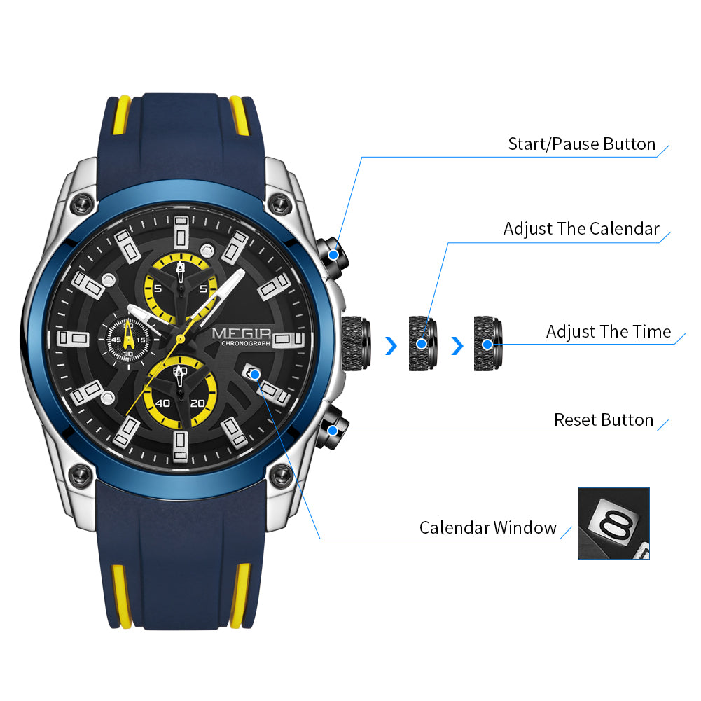 MEGIR Original Blue Sport Watches for Men Top Luxury Chronograph WristWatch Military Quartz Clock Luminous Big Dial Reloj Hombre