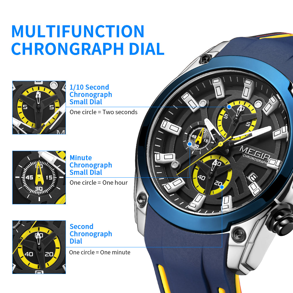 MEGIR Original Blue Sport Watches for Men Top Luxury Chronograph WristWatch Military Quartz Clock Luminous Big Dial Reloj Hombre