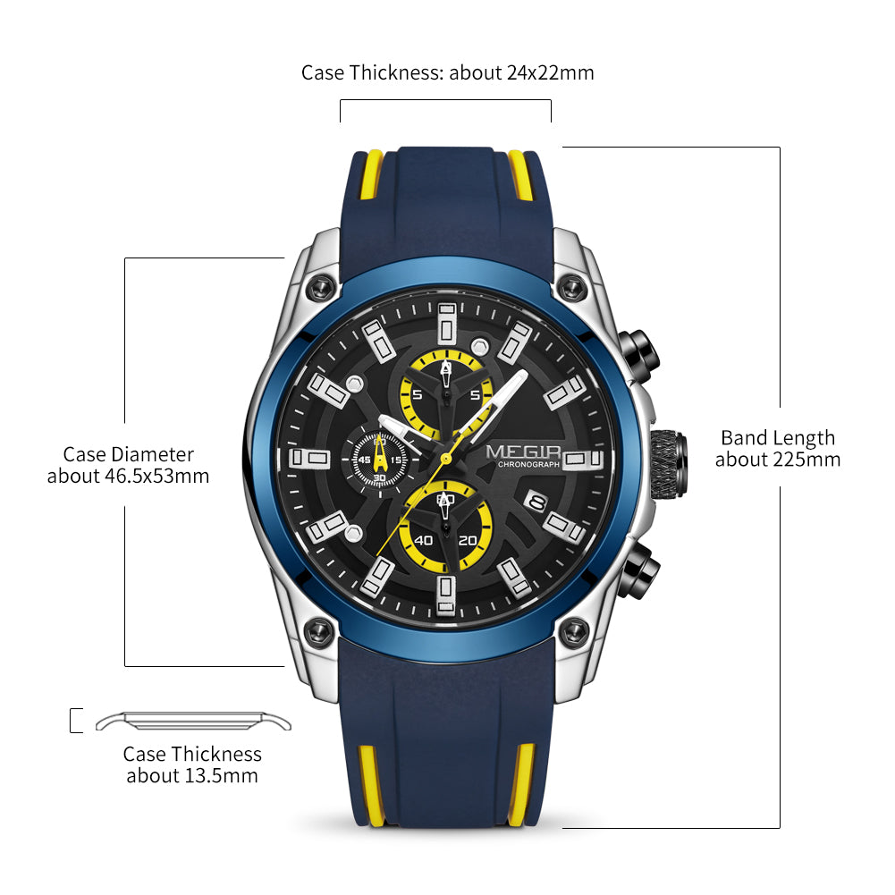 MEGIR Original Blue Sport Watches for Men Top Luxury Chronograph WristWatch Military Quartz Clock Luminous Big Dial Reloj Hombre