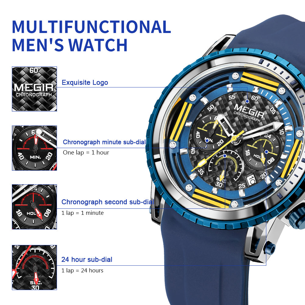MEGIR Men's Sports Military Watches Fashion Luxury Quartz Wristwatch Silicone Strap Waterproof Chronograph Luminous Male Clock