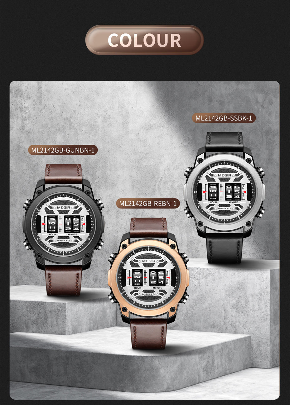 MEGIR Men's Watch Roller Business Casual Wristwatch Leather Fashion Sports Quartz Watch Chronograph Waterproof Male Clock 2142