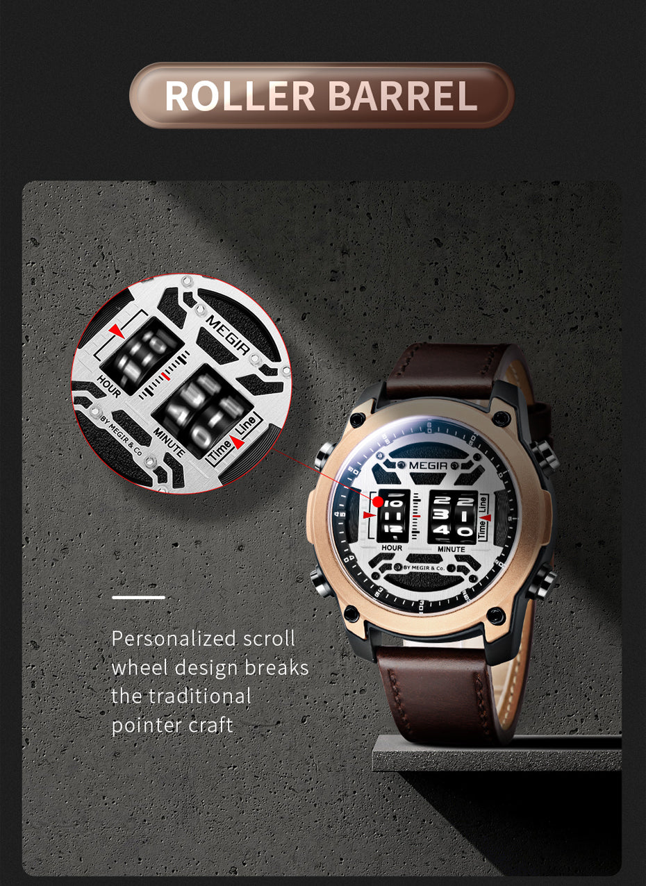 MEGIR Men's Watch Roller Business Casual Wristwatch Leather Fashion Sports Quartz Watch Chronograph Waterproof Male Clock 2142