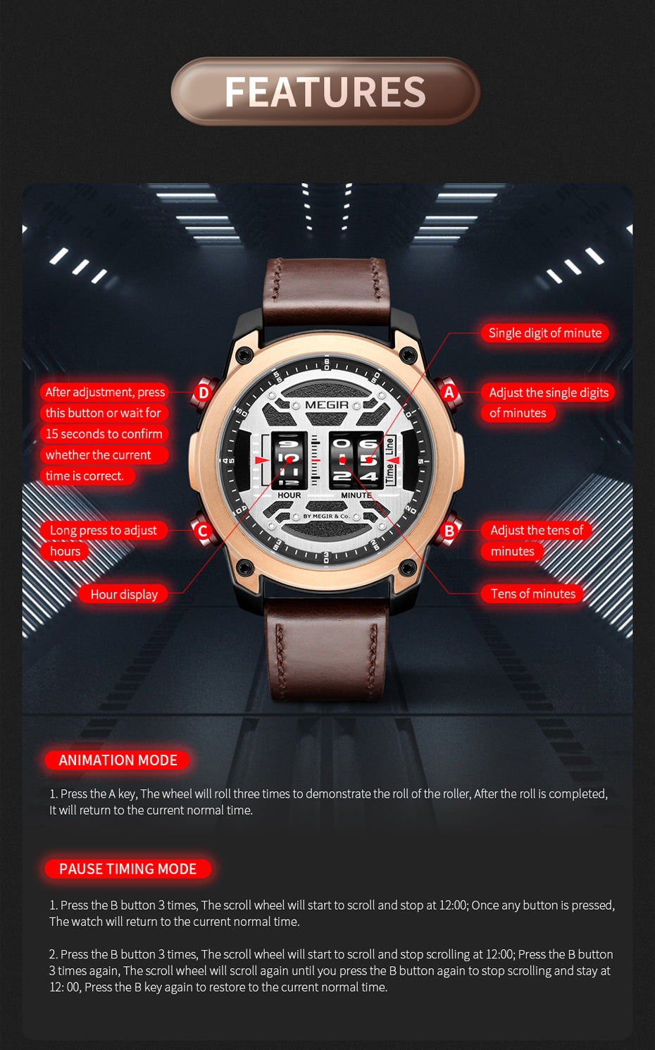 MEGIR Men's Watch Roller Business Casual Wristwatch Leather Fashion Sports Quartz Watch Chronograph Waterproof Male Clock 2142