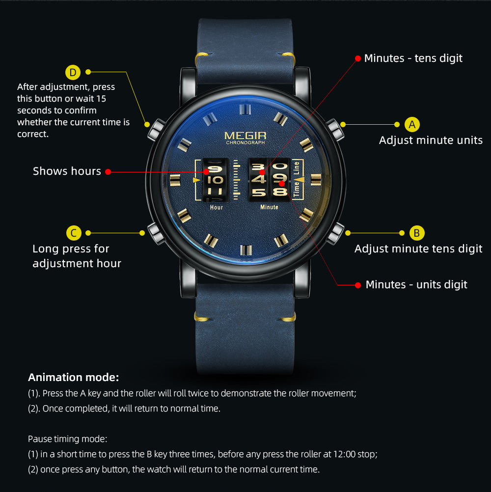 MEGIR Roller Pointer Watches for Men Fashion Luxury Military Sport Watch Leather Strap Quartz Wristwatch Clock Relogio Mascilino
