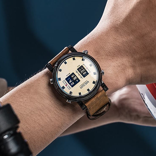 MEGIR Roller Pointer Watches for Men Fashion Luxury Military Sport Watch Leather Strap Quartz Wristwatch Clock Relogio Mascilino