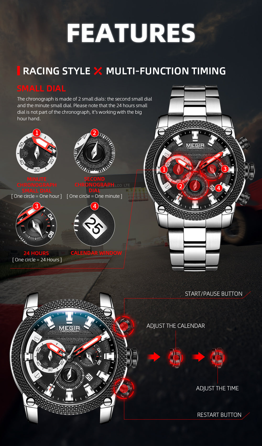MEGIR Mens Watches Top Brand Luxury Business Wristwatch Waterproof Calendar Quartz Casual Clock Stainless Steel Man Chronograph